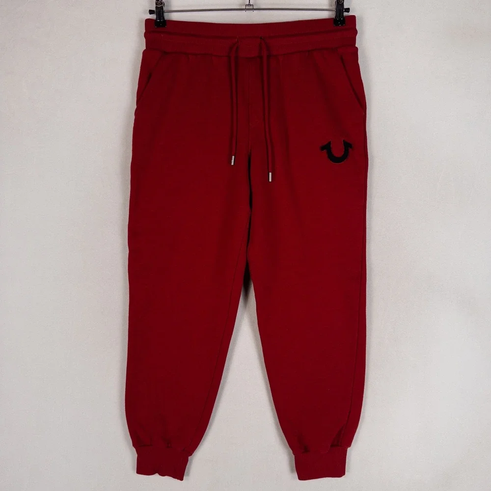 True Religion Mens Sweatpants Small Red Horseshoe Logo Joggers Fleece Lounge